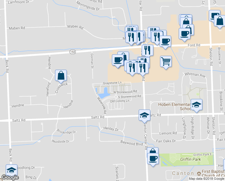 map of restaurants, bars, coffee shops, grocery stores, and more near 45775 North Stonewood Road in Canton