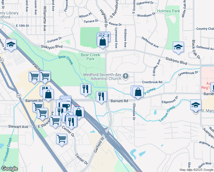 map of restaurants, bars, coffee shops, grocery stores, and more near 700-786 Highland Drive in Medford