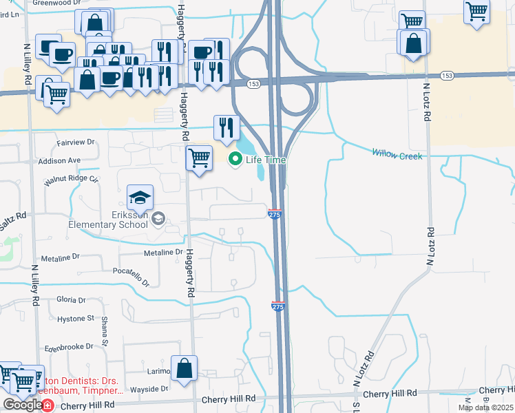 map of restaurants, bars, coffee shops, grocery stores, and more near 41081 Maplewood Drive in Canton