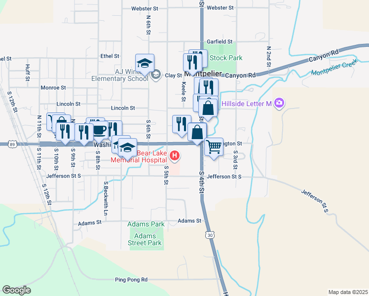 map of restaurants, bars, coffee shops, grocery stores, and more near 443 Washington Street in Montpelier