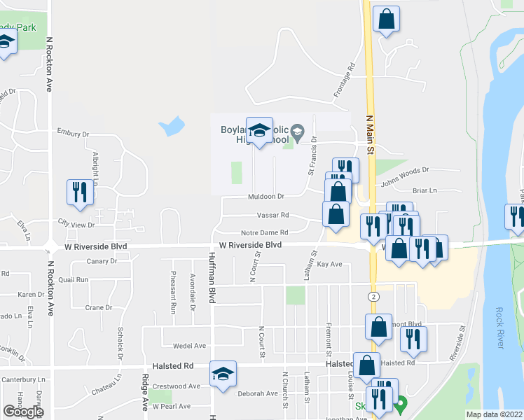 map of restaurants, bars, coffee shops, grocery stores, and more near 1523 Vassar Road in Rockford