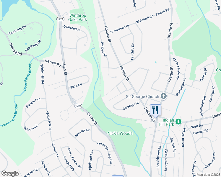 map of restaurants, bars, coffee shops, grocery stores, and more near 125 Paugus Road in Holden