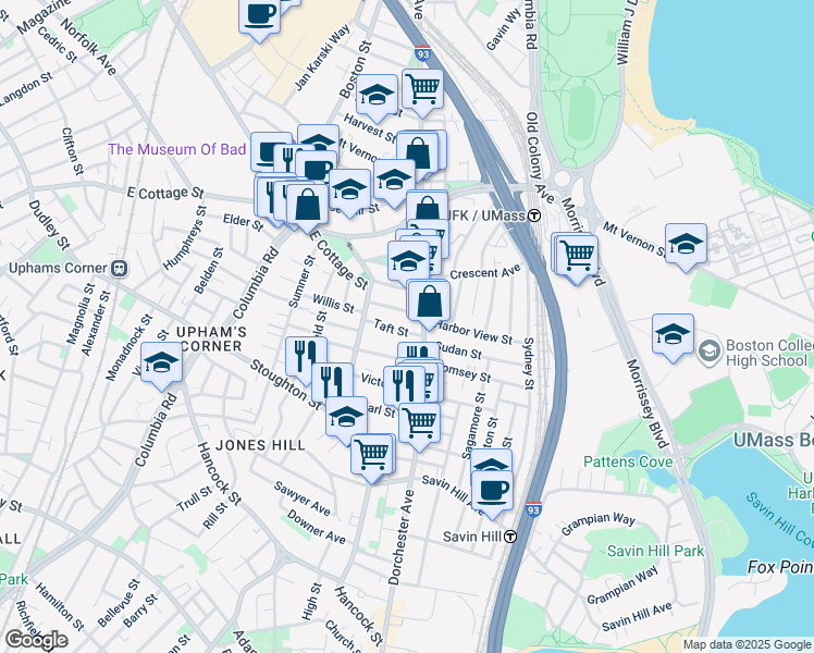 map of restaurants, bars, coffee shops, grocery stores, and more near 15 Howes Street in Boston