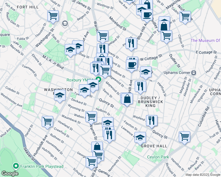 map of restaurants, bars, coffee shops, grocery stores, and more near 24-30 Maywood Street in Boston