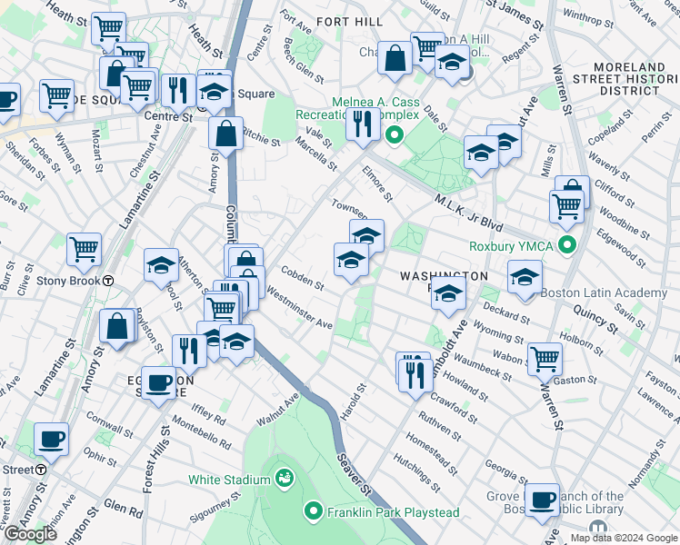 map of restaurants, bars, coffee shops, grocery stores, and more near 38 Dennison Street in Boston