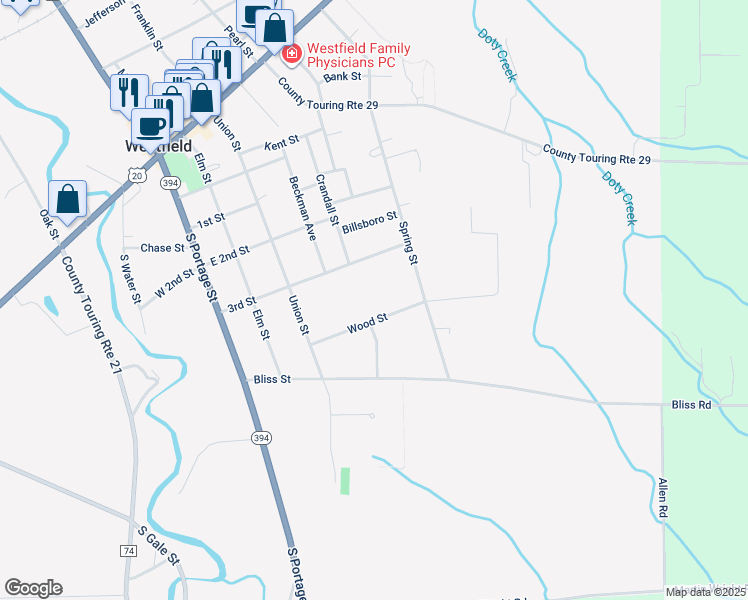 map of restaurants, bars, coffee shops, grocery stores, and more near 29 Wood Street in Westfield