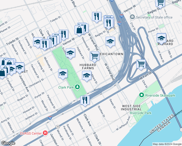 map of restaurants, bars, coffee shops, grocery stores, and more near in Detroit