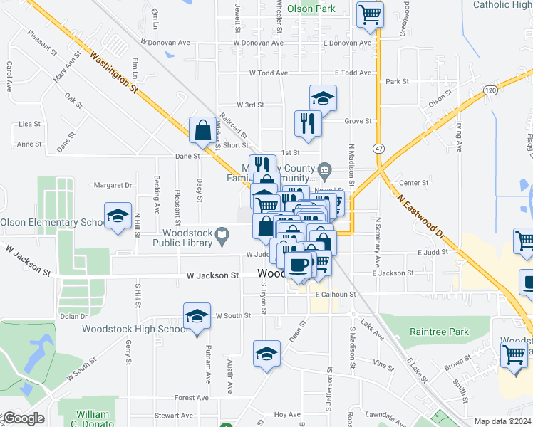 map of restaurants, bars, coffee shops, grocery stores, and more near 307 Washington Street in Woodstock