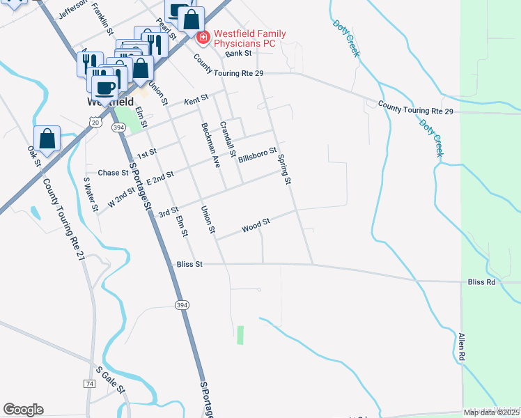 map of restaurants, bars, coffee shops, grocery stores, and more near 29 Wood Street in Westfield