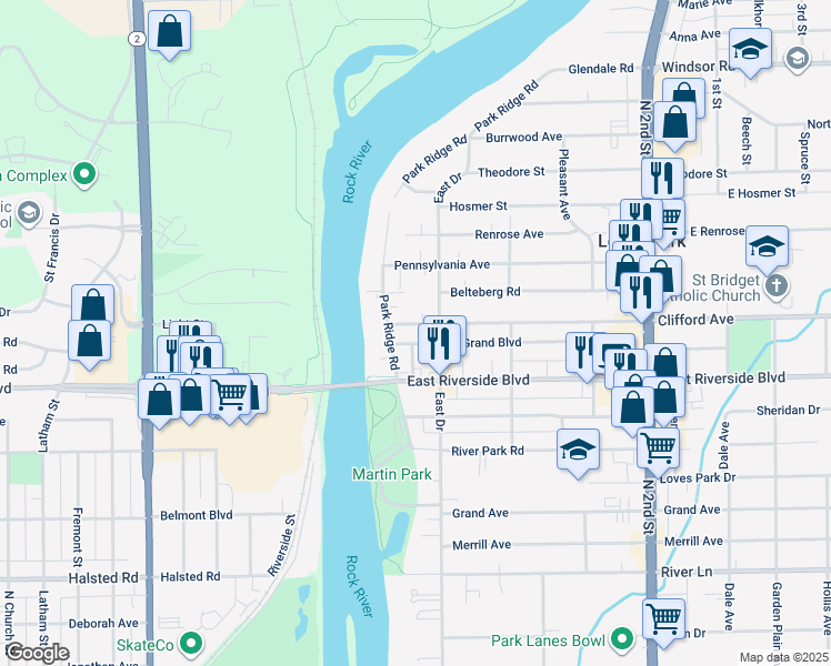 map of restaurants, bars, coffee shops, grocery stores, and more near 122 Clifford Avenue in Loves Park