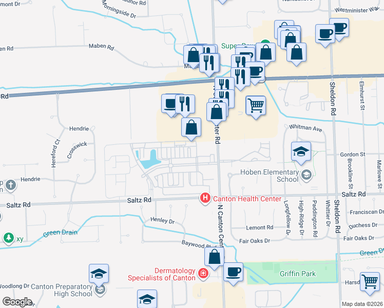 map of restaurants, bars, coffee shops, grocery stores, and more near 46095 Graystone Lane in Canton