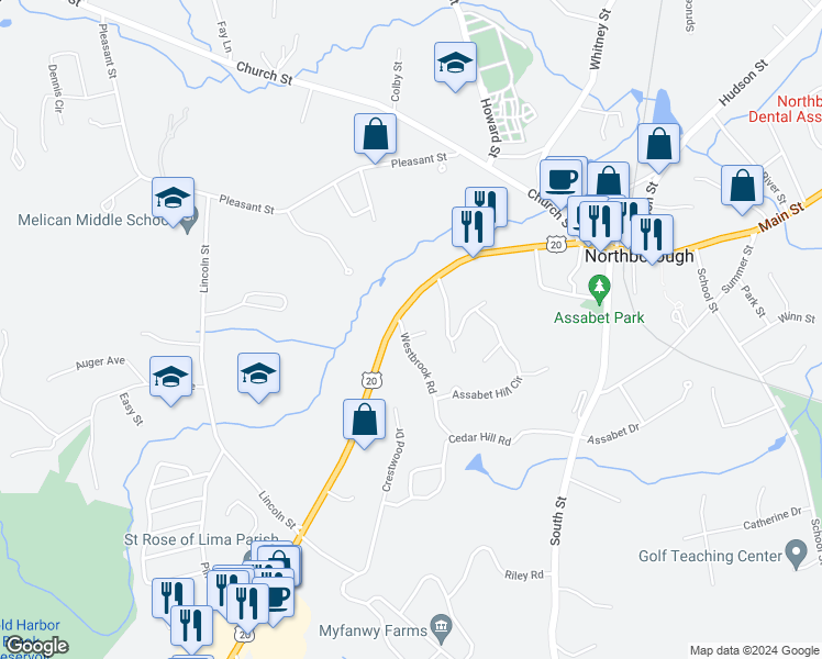 map of restaurants, bars, coffee shops, grocery stores, and more near 4 Brody Way in Northborough