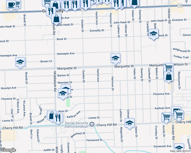 map of restaurants, bars, coffee shops, grocery stores, and more near 28639 Barton Street in Garden City