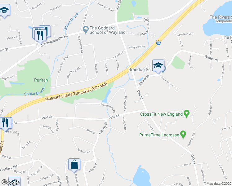map of restaurants, bars, coffee shops, grocery stores, and more near 23 Langdon Road in Wayland