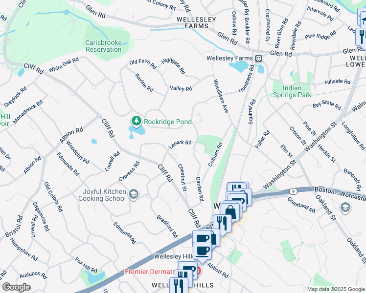 map of restaurants, bars, coffee shops, grocery stores, and more near 18 Lanark Road in Wellesley
