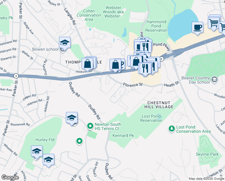 map of restaurants, bars, coffee shops, grocery stores, and more near 11 Tanglewood Road in Newton