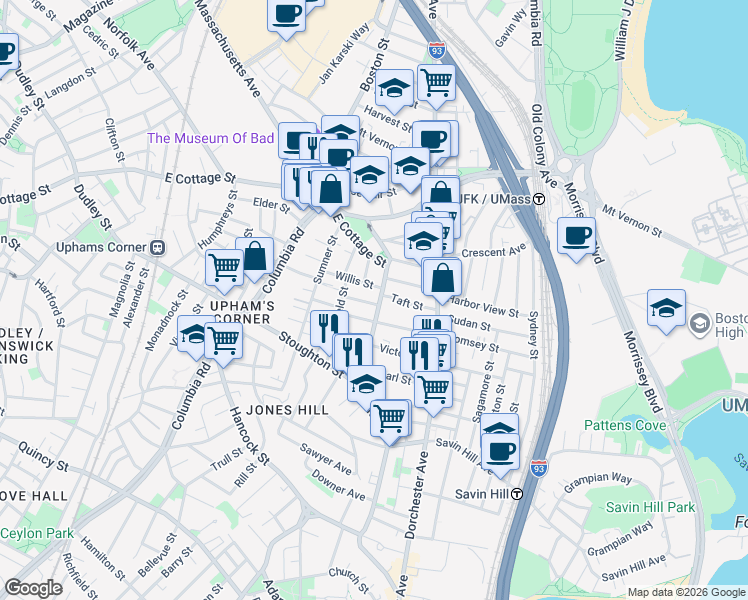 map of restaurants, bars, coffee shops, grocery stores, and more near 9 Willis Street in Boston