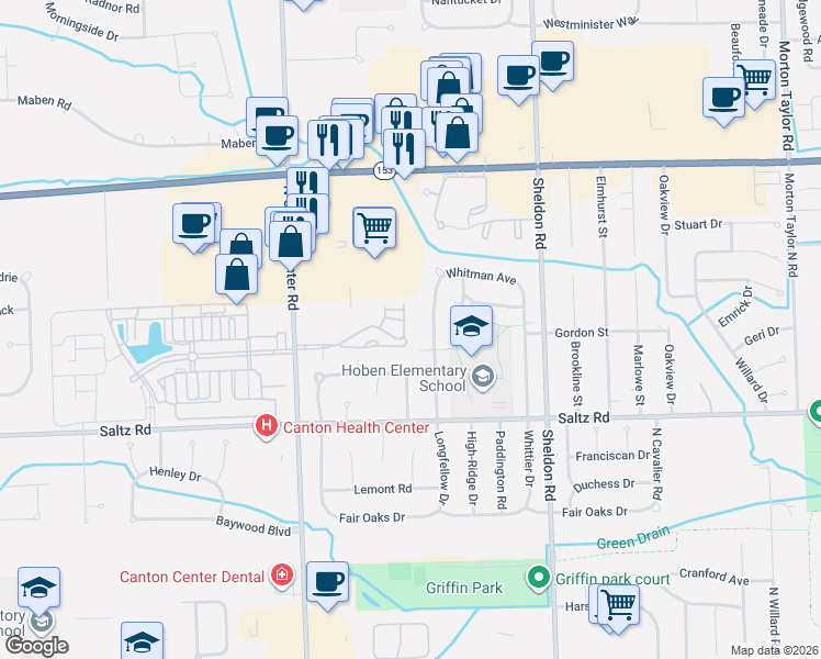 map of restaurants, bars, coffee shops, grocery stores, and more near 1681 Longfellow Drive in Canton