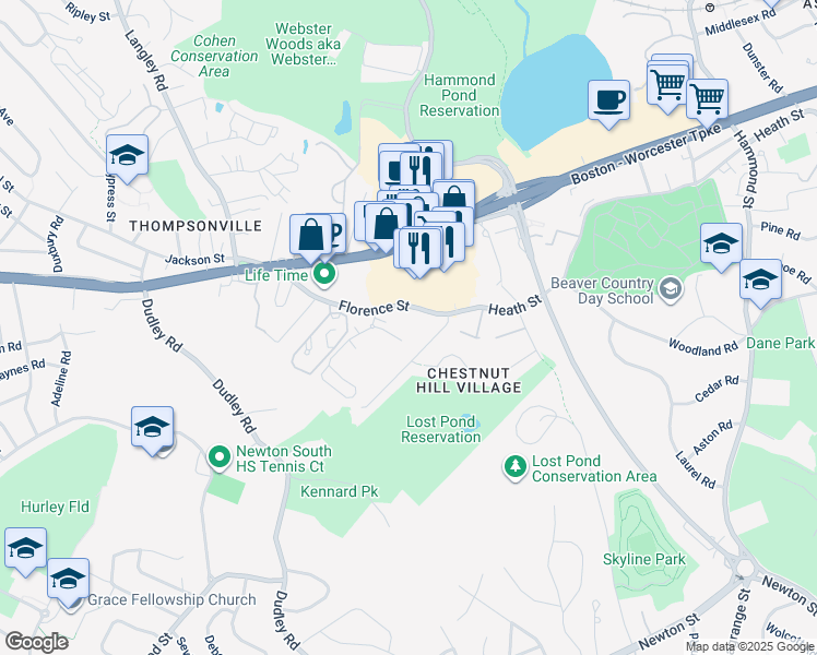 map of restaurants, bars, coffee shops, grocery stores, and more near 135 Florence Street in Newton