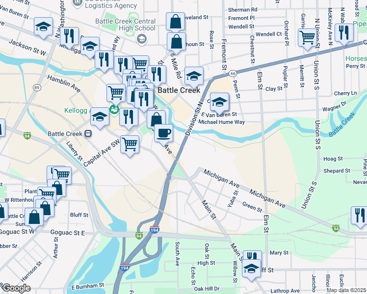map of restaurants, bars, coffee shops, grocery stores, and more near East State Street in Battle Creek