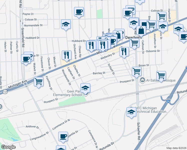 map of restaurants, bars, coffee shops, grocery stores, and more near 4200 Roemer Avenue in Dearborn