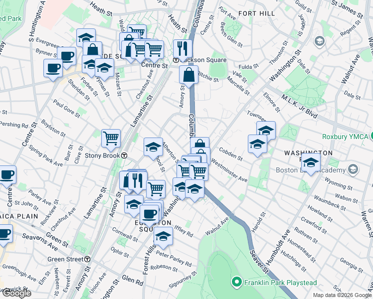 map of restaurants, bars, coffee shops, grocery stores, and more near 3 Bancroft Street in Boston