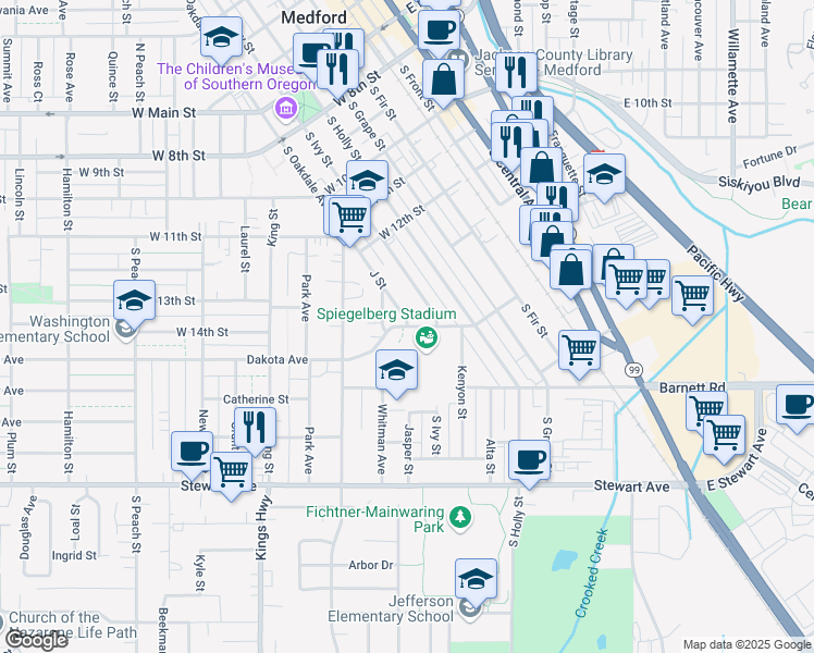map of restaurants, bars, coffee shops, grocery stores, and more near 500 Monroe Street in Medford
