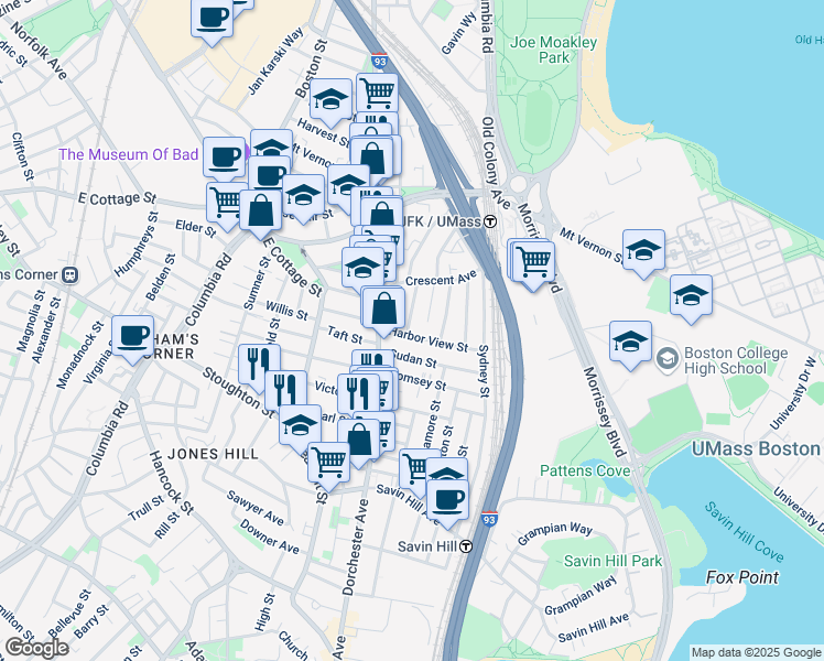 map of restaurants, bars, coffee shops, grocery stores, and more near 29 Raven Street in Boston