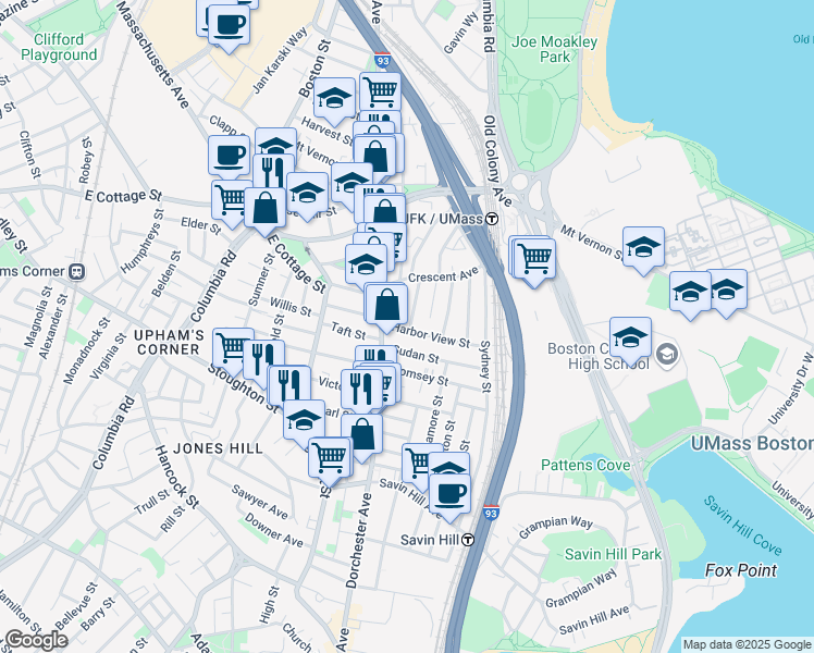 map of restaurants, bars, coffee shops, grocery stores, and more near 29 Raven Street in Boston