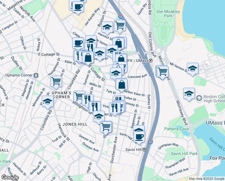 map of restaurants, bars, coffee shops, grocery stores, and more near 15 Howes Street in Boston