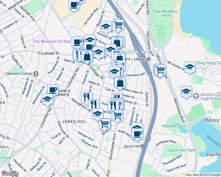 map of restaurants, bars, coffee shops, grocery stores, and more near 15 Howes Street in Boston