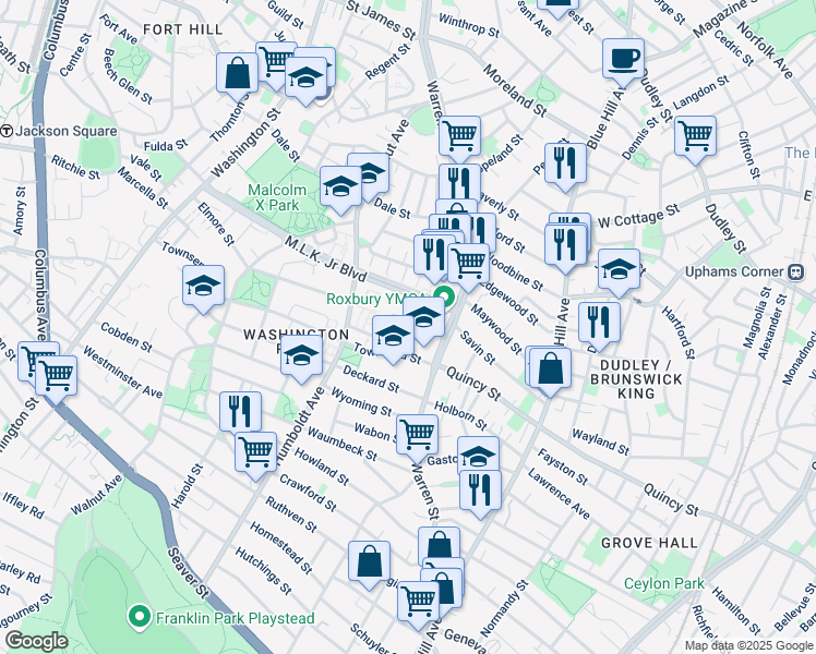 map of restaurants, bars, coffee shops, grocery stores, and more near 401 Warren Street in Boston