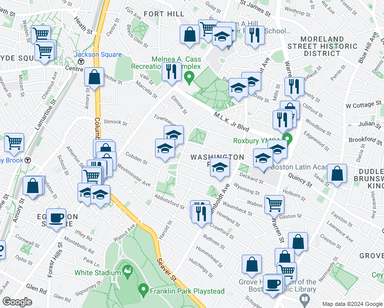 map of restaurants, bars, coffee shops, grocery stores, and more near 250 Walnut Avenue in Boston