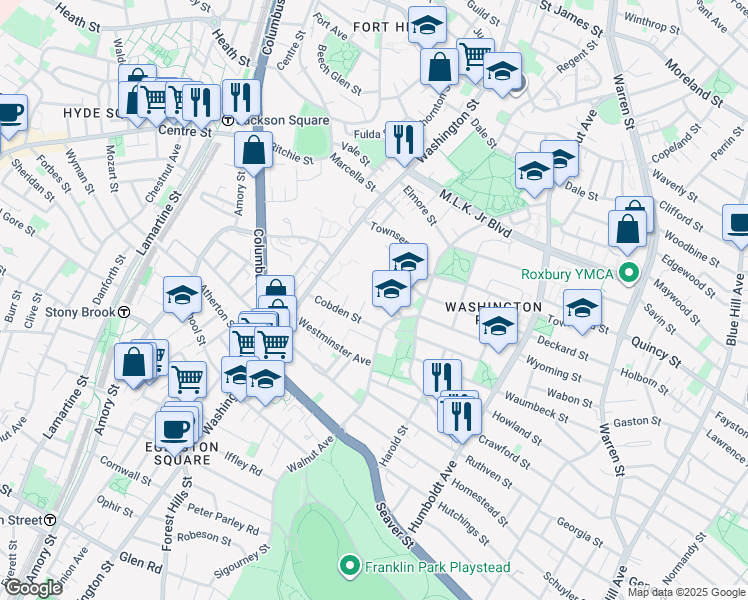 map of restaurants, bars, coffee shops, grocery stores, and more near 38 Dennison Street in Boston