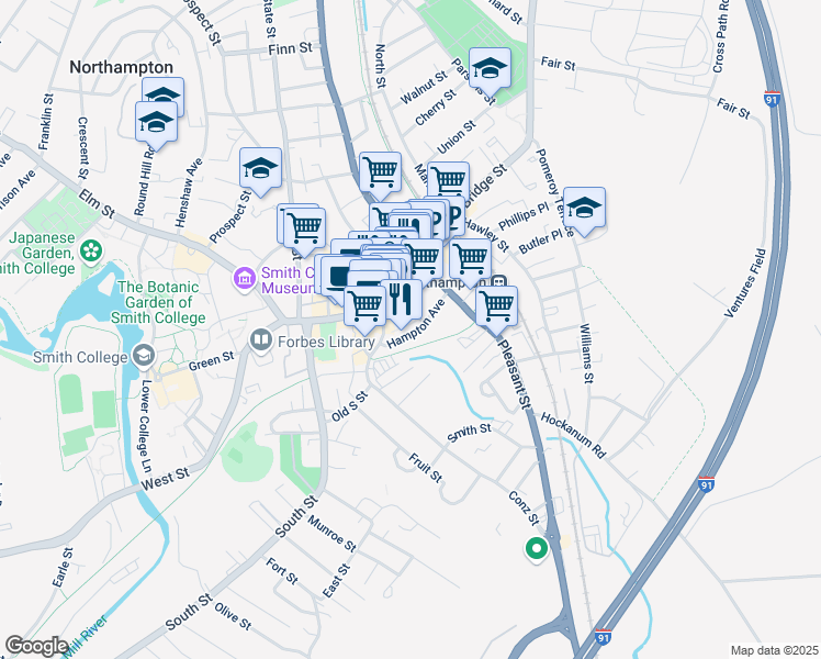 map of restaurants, bars, coffee shops, grocery stores, and more near 85 Hampton Avenue in Northampton