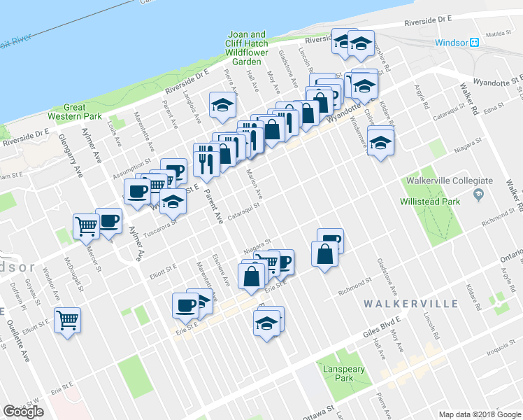map of restaurants, bars, coffee shops, grocery stores, and more near 1086 Cataraqui Street in Windsor
