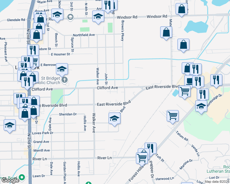 map of restaurants, bars, coffee shops, grocery stores, and more near 6101 Elm Avenue in Loves Park