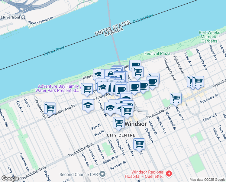 map of restaurants, bars, coffee shops, grocery stores, and more near 76 University Avenue West in Windsor