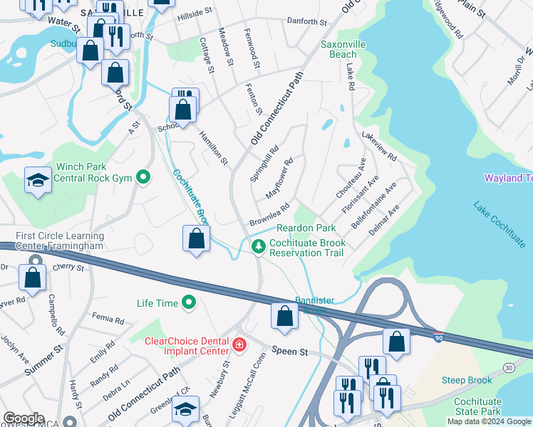 map of restaurants, bars, coffee shops, grocery stores, and more near 8 Brownlea Road in Framingham