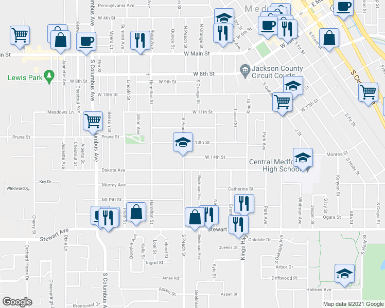 map of restaurants, bars, coffee shops, grocery stores, and more near 848 West 14th Street in Medford