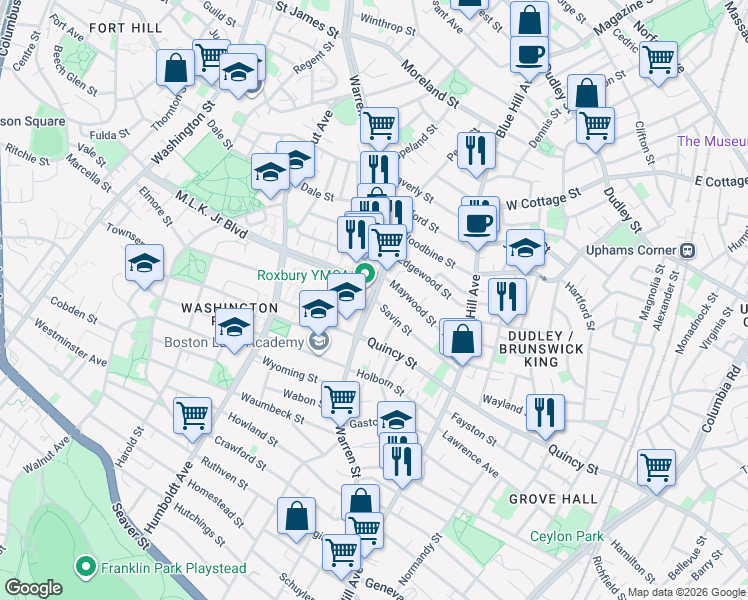 map of restaurants, bars, coffee shops, grocery stores, and more near Warren St & Savin St in Boston