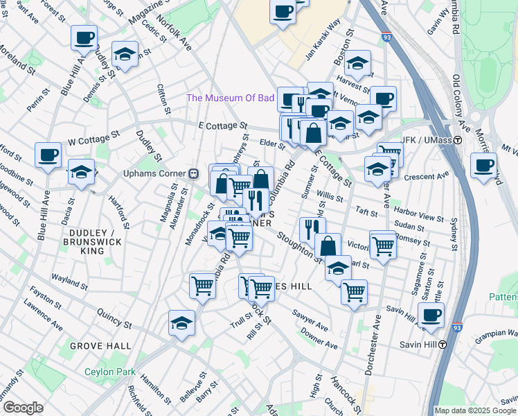 map of restaurants, bars, coffee shops, grocery stores, and more near 600 Columbia Road in Boston