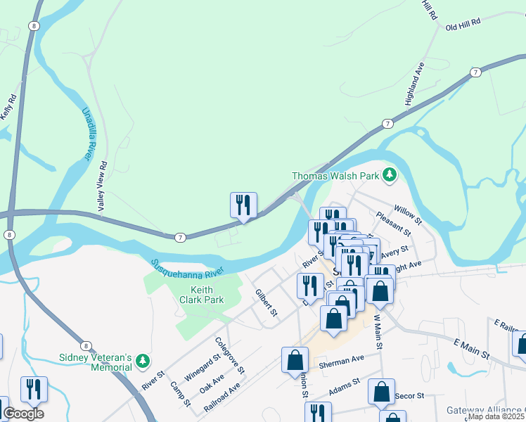 map of restaurants, bars, coffee shops, grocery stores, and more near 33 Riverside Drive in Sidney