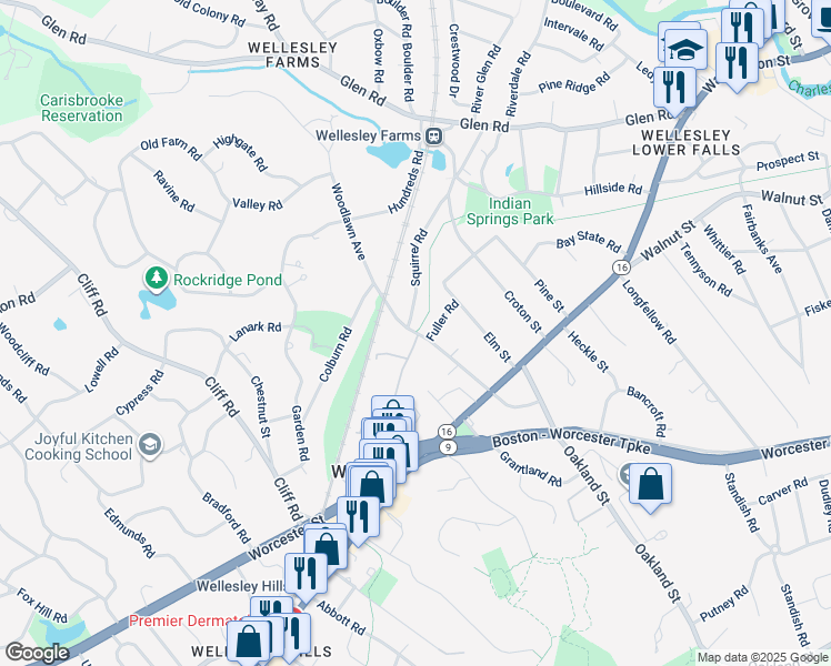 map of restaurants, bars, coffee shops, grocery stores, and more near Crosstown Trail in Wellesley