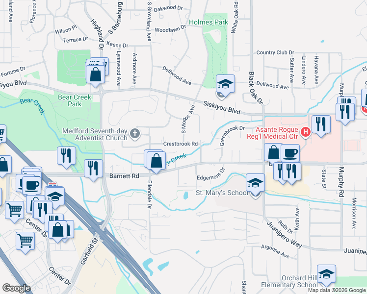 map of restaurants, bars, coffee shops, grocery stores, and more near 723 South Modoc Avenue in Medford