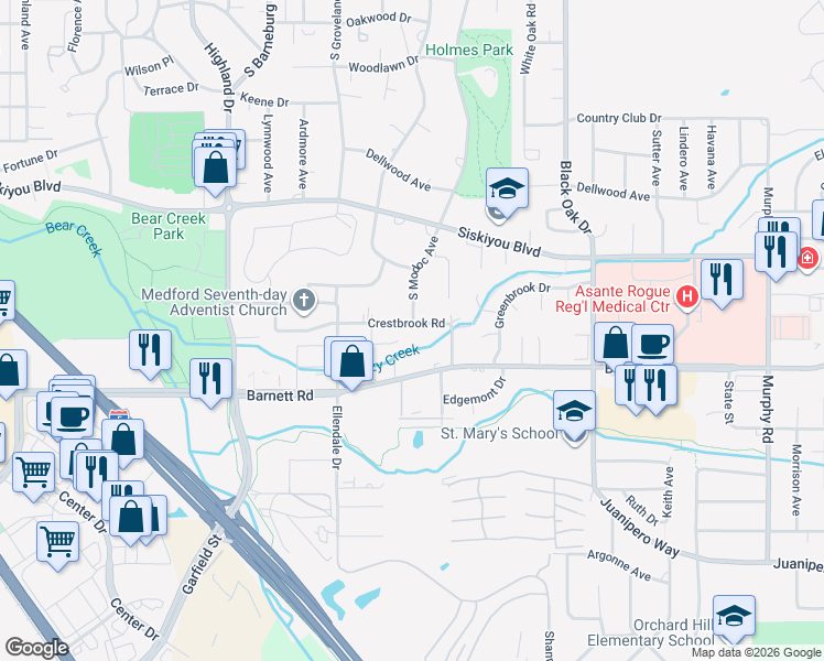 map of restaurants, bars, coffee shops, grocery stores, and more near 723 South Modoc Avenue in Medford