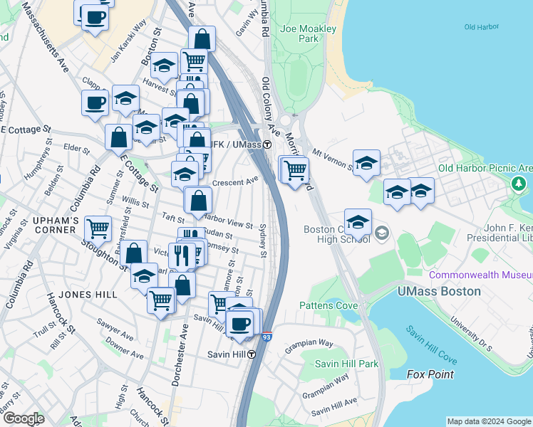 map of restaurants, bars, coffee shops, grocery stores, and more near 185 Sydney Street in Boston