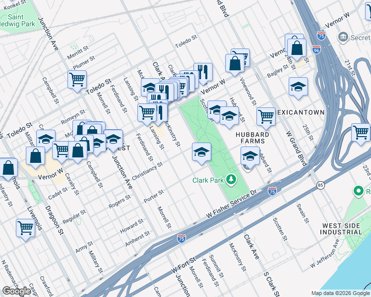 map of restaurants, bars, coffee shops, grocery stores, and more near 1540 Mc Kinstry Street in Detroit