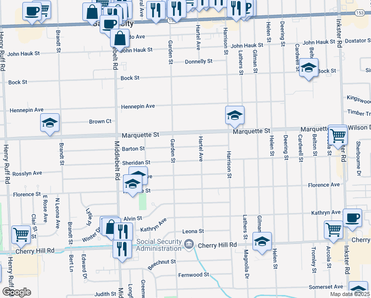 map of restaurants, bars, coffee shops, grocery stores, and more near 28720 Barton St in Garden City