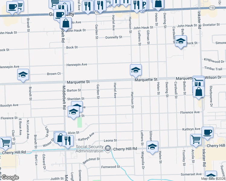 map of restaurants, bars, coffee shops, grocery stores, and more near 28627 Barton Street in Garden City